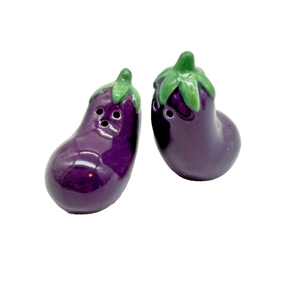 Ceramic Deep Purple Eggplant Vegetable Salt & Pepper Shakers Set Farmhouse